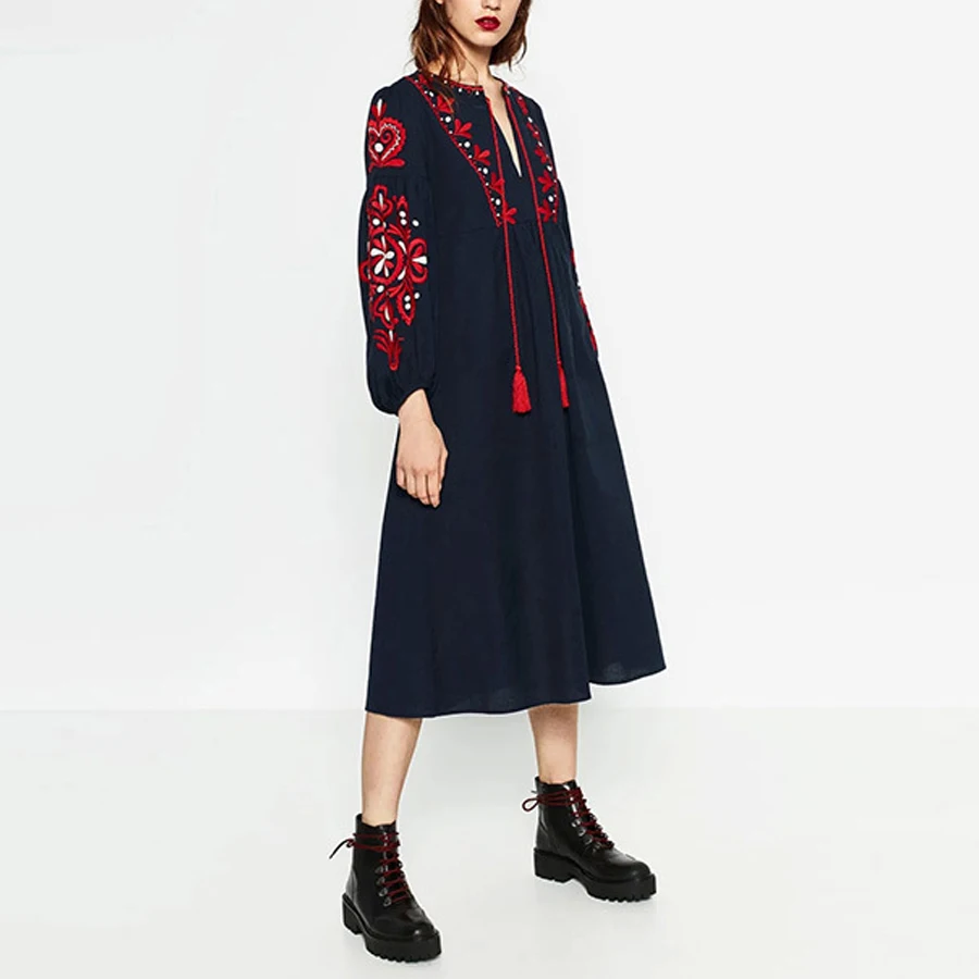 Длинные платья Boho 2017 этническое Цветочное платье с вышивкой v образным вырезом