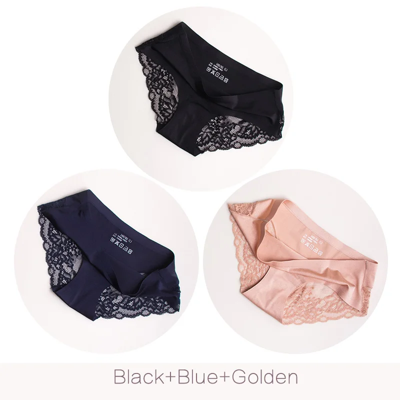Black Blue Golden Сексуальные кружевные трусики, бесшовное женское нижнее белье, трусы, нейлон, шелк, для женщин, бикини, хлопок, Прозрачное нижнее белье, Hibubble, комплект из 3 предметов - Цвет: Black Blue Golden