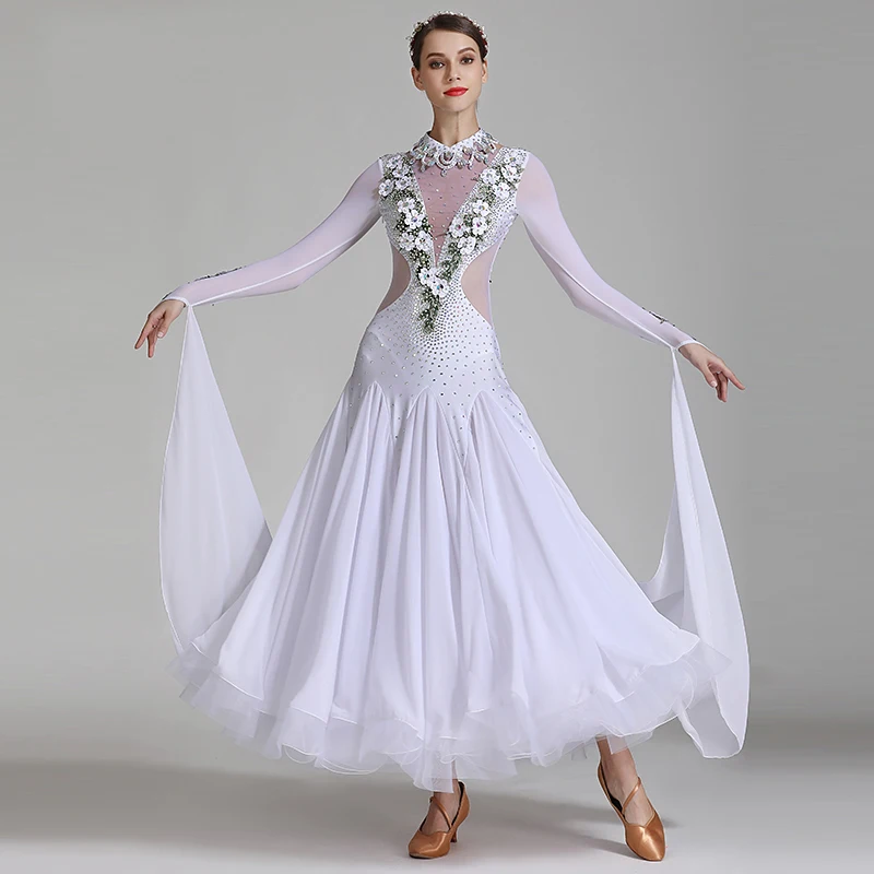 

Стандартное женское платье для современных танцев Waltz разразразы белое платье для соревнований и выступлений танцевальная одежда qs2237