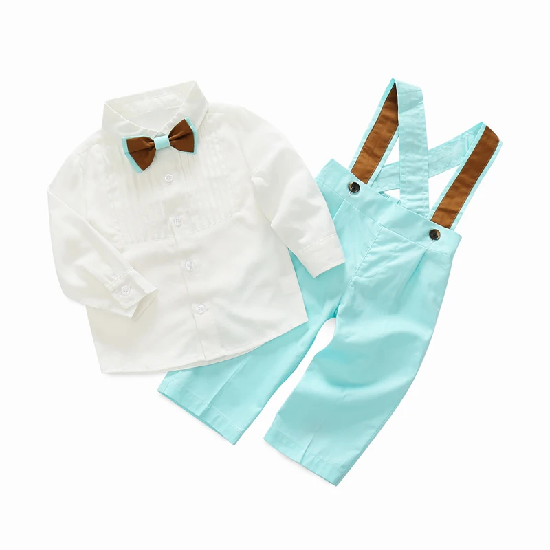 toddler clothing set for boys formal clothes baby long-sleeve shirt with bow tie + blue/green pants children party |