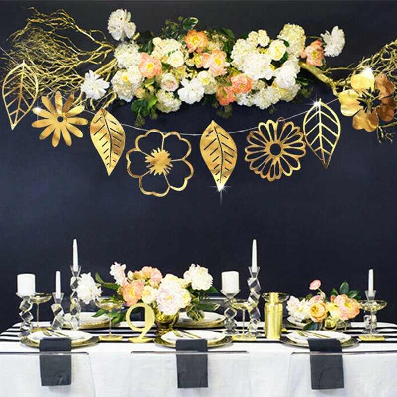 2 м Золотая Серебряная зеркальная бумажная карта цветы листья гирлянда бандаж