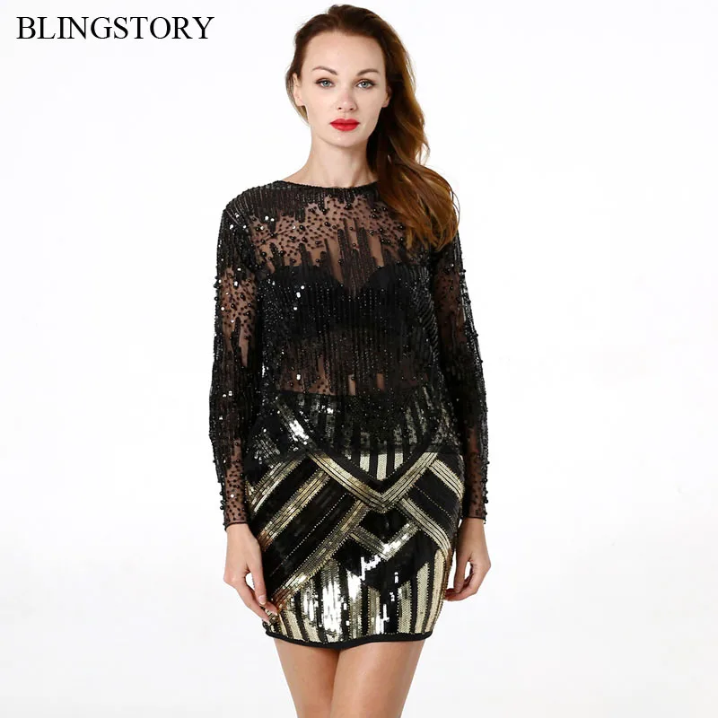 Женская прозрачная блузка BLINGSTORY винтажная с блестками и длинным рукавом | одежда