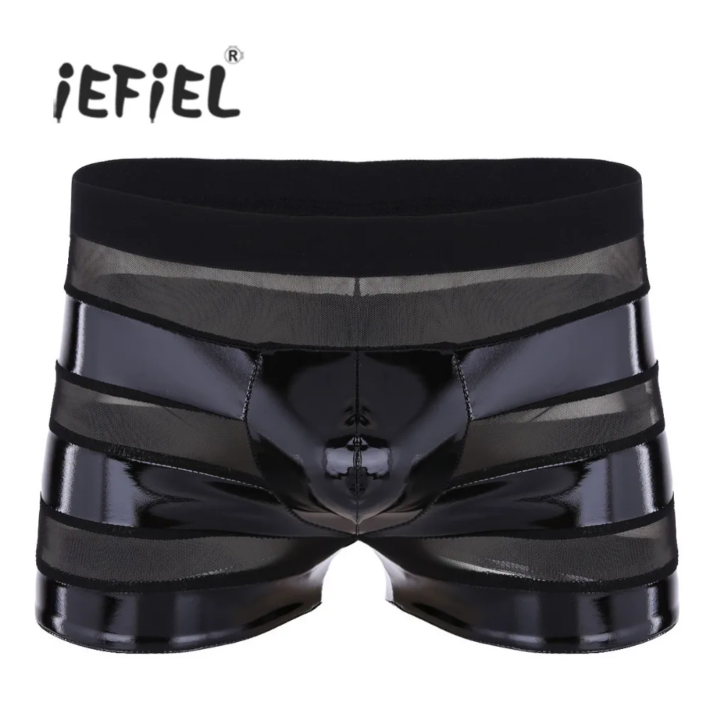IEFiEL, мужское нижнее белье, Wetlook, искусственная кожа, сетка, пэчворк, в полоску, низкая посадка, боксеры, шорты, нижнее белье, горячие трусы для мужчин