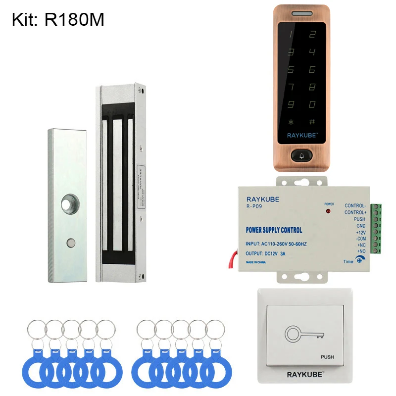 RAYKUBE DIY система контроля доступа набор с RFID сенсорной клавиатурой+ Электронные дверные замки+ кнопка выхода+ блок питания+ RFID ключи - Цвет: 180M
