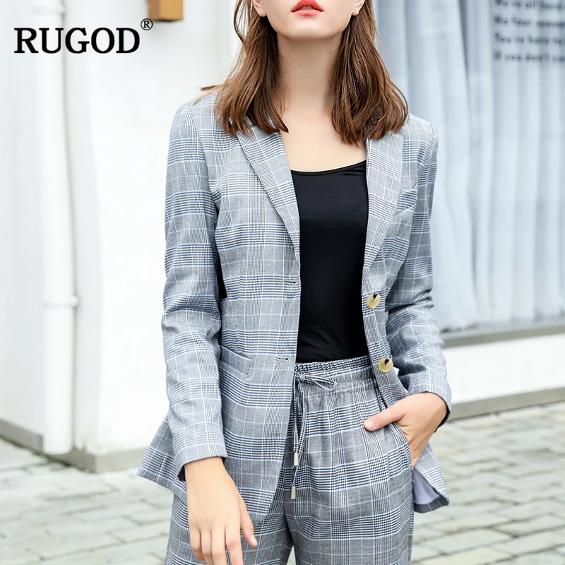 Женский костюм RUGOD клетчатый из двух предметов с карманами и штанами 2019|Брючные