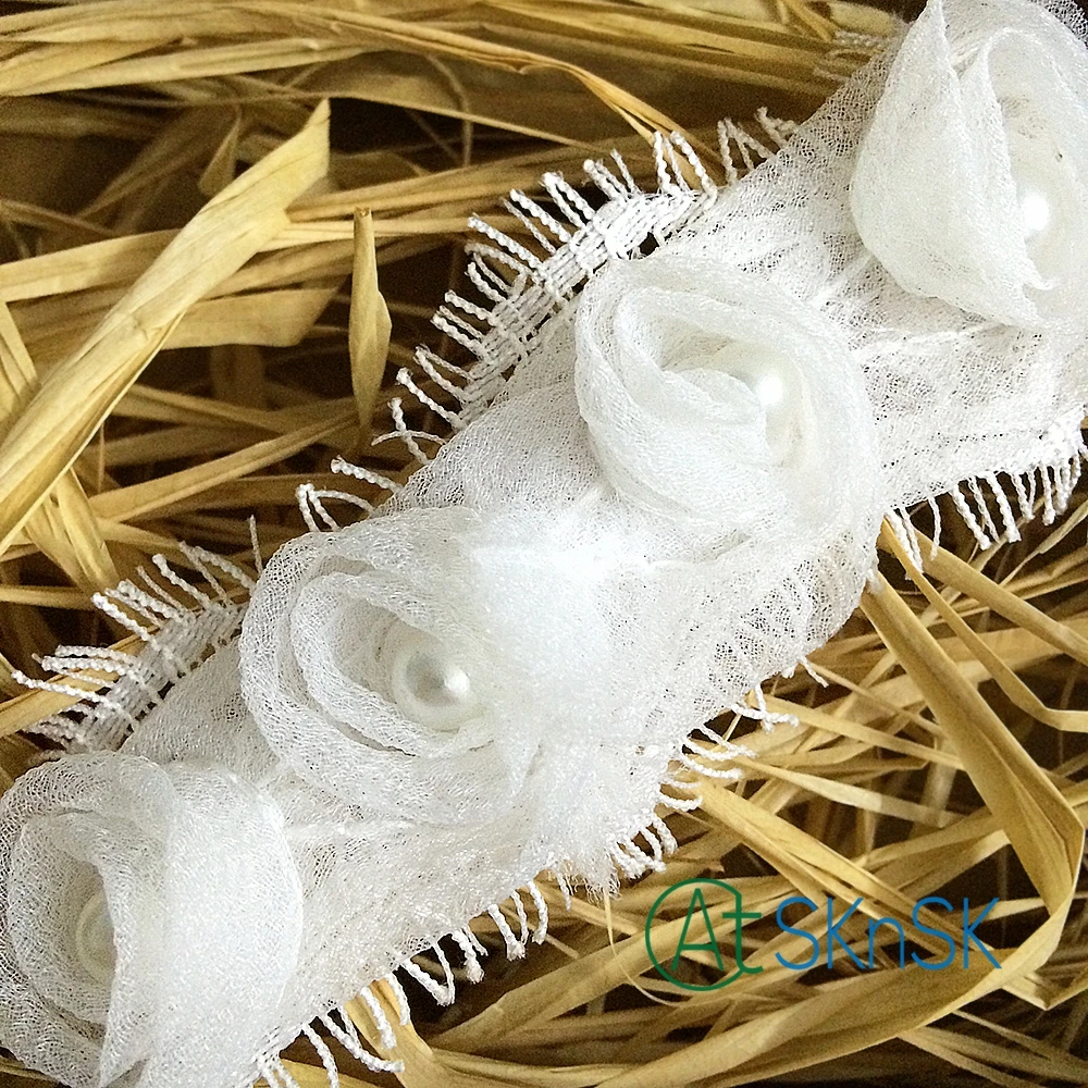 Новый Кружева 5 Ярдов/серия Белая роза шифон цветок кружева жемчуг бантом