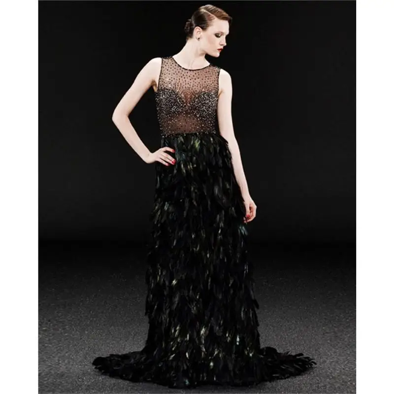 2013 New Arrival Beautiful Elegant Black Satin Feathers Sequined Beading Mermaid Evening Dress Sleeveless Tank Floor-Length | Свадьбы и