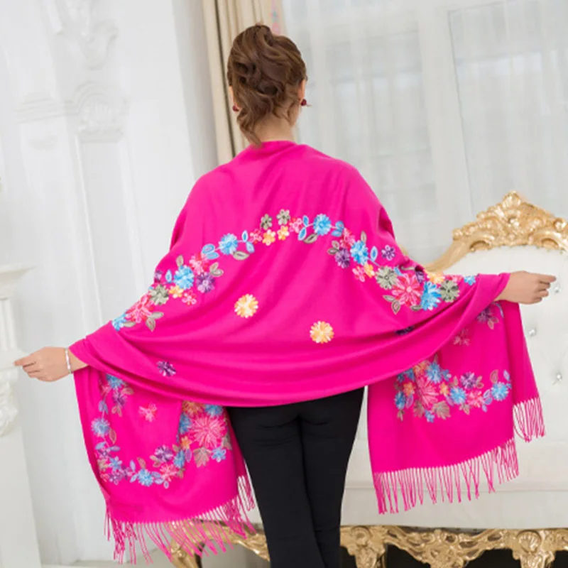 Роскошные кашемировые женские шарфы с национальной вышивкой Женская шерстяная