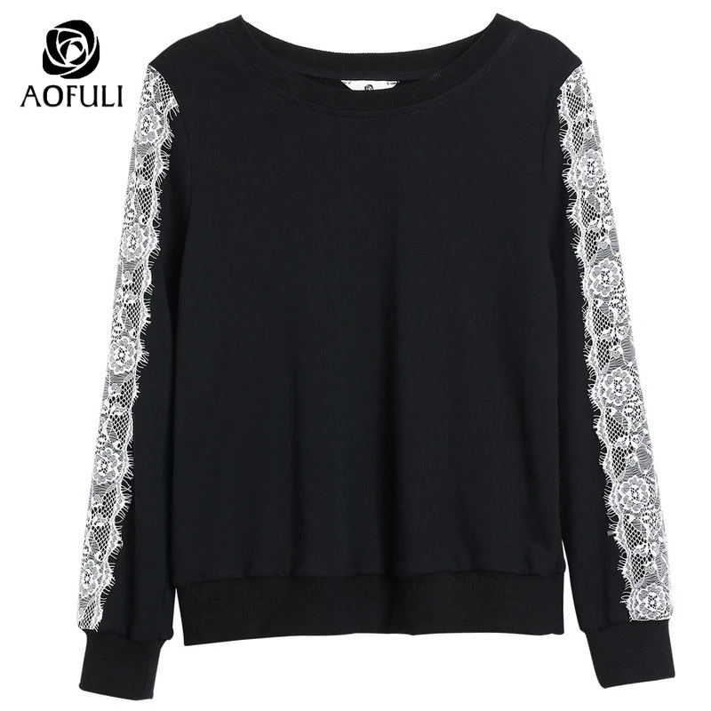 4XL/5XL Lace Patchwork Women Cotton T-shirt Autumn Winter Long Sleeve Sweatshirt Plus Size Lady Tops Black AOFULI A3733 | Женская одежда