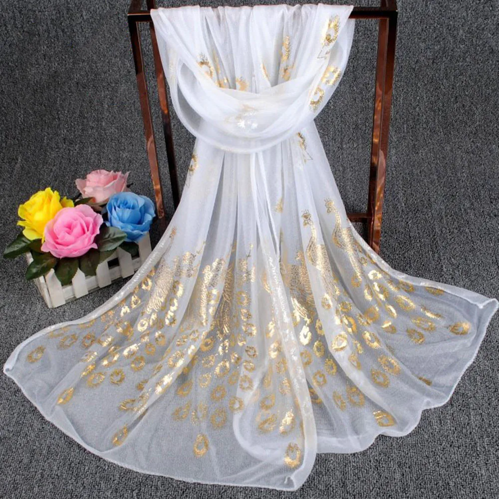 Peacock Pattern long Soft Silk Chiffon scarf Shawl Wrap Honorable queen Women Scarf Scarves winter warm echarpe hiver femme 40 | Аксессуары