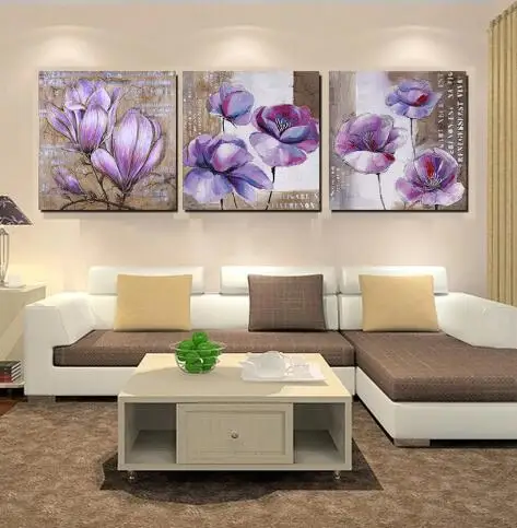 painting Без рамки, 3 предмета, винтажный домашний декор, фиолетовая Цветочная Роспись стен, Современный домашний декор, настенные картины на холсте для гостиной, HY29 - Цвет: painting