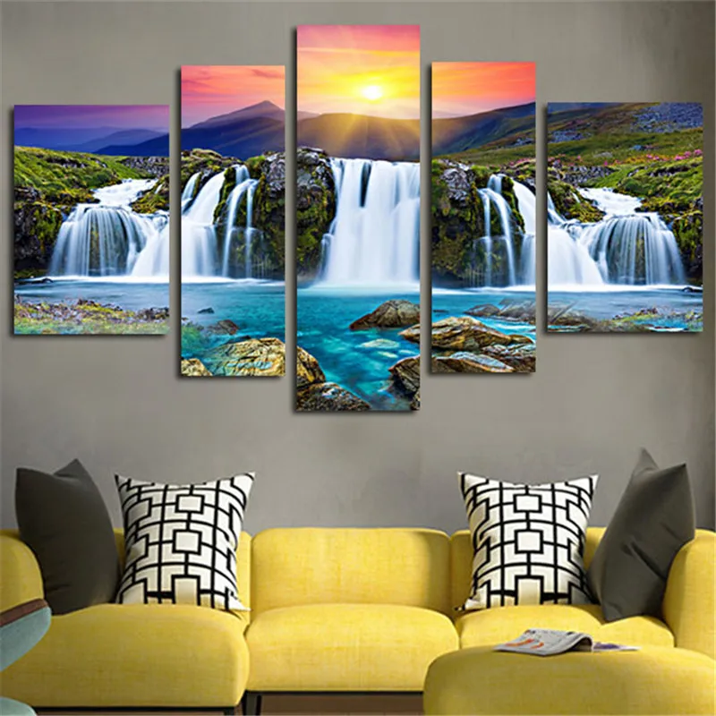 5 панельных холщовых стен водопад восход пейзаж живопись декоративный фон для