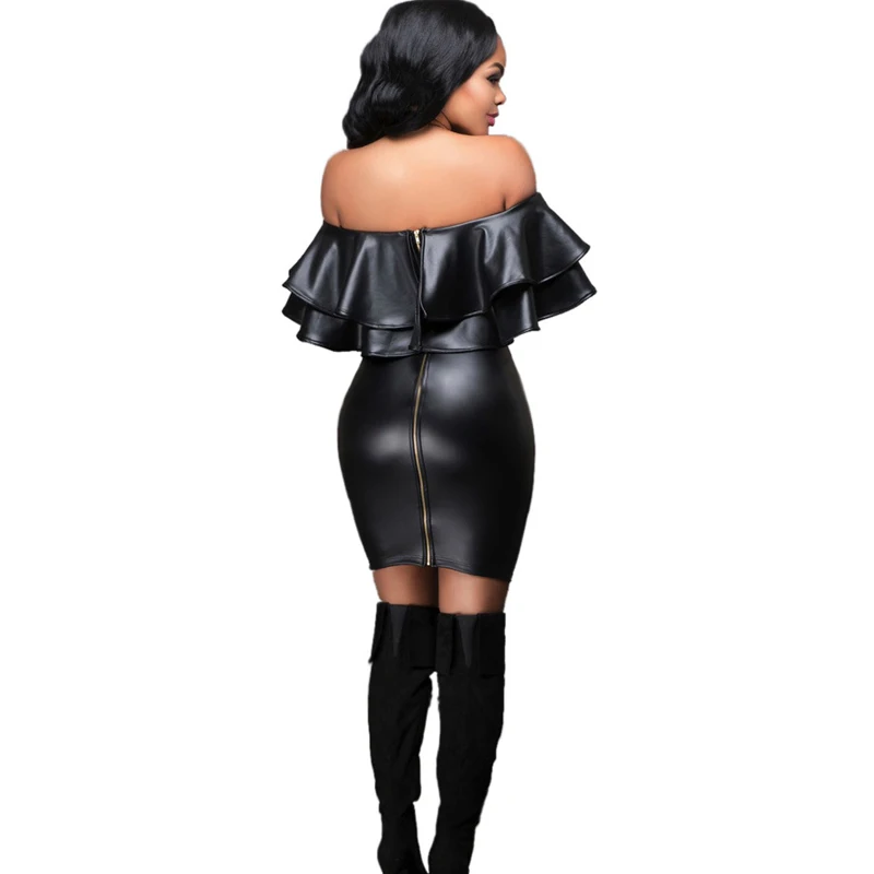 Ночной Клуб Женщин Платья Повязки Дамы Черный PU Платье Кожа С Плеча Sexy Party Bodycon