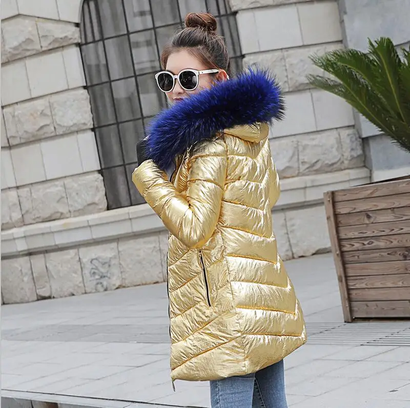 Женские куртки, зимнее пальто, большой меховой воротник, парки, женские зимние куртки, женские облегающие с капюшоном, сохраняющие тепло, короткое пальто для женщин, осень - Цвет: Gold