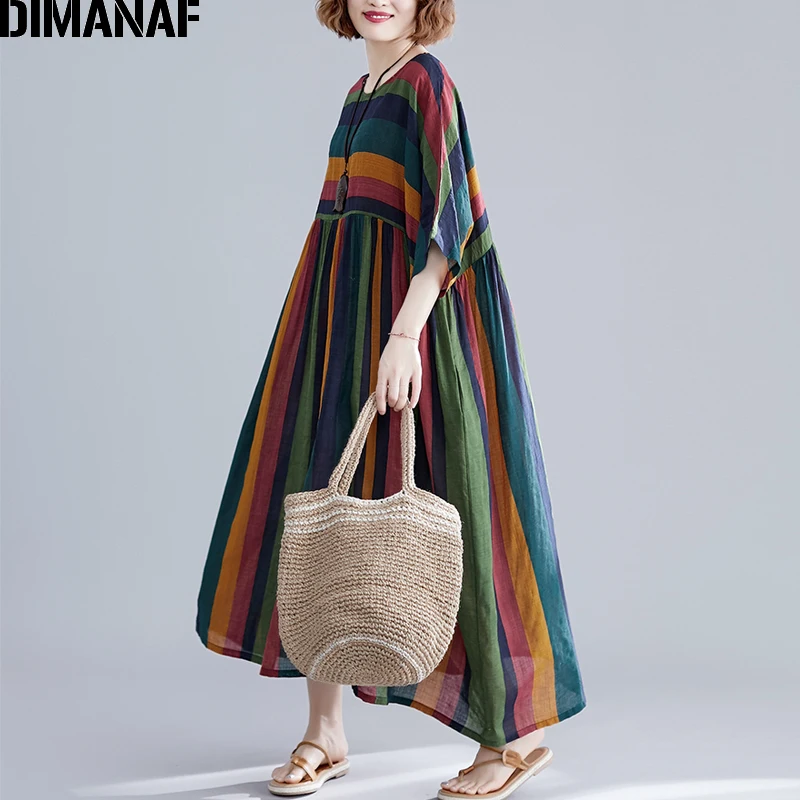 DIMANAF, женское платье большого размера, винтажное, большой размер, элегантное, для девушек, Vestidos, летнее, с принтом, в полоску, женская одежда, свободное платье, 5XL, 6XL