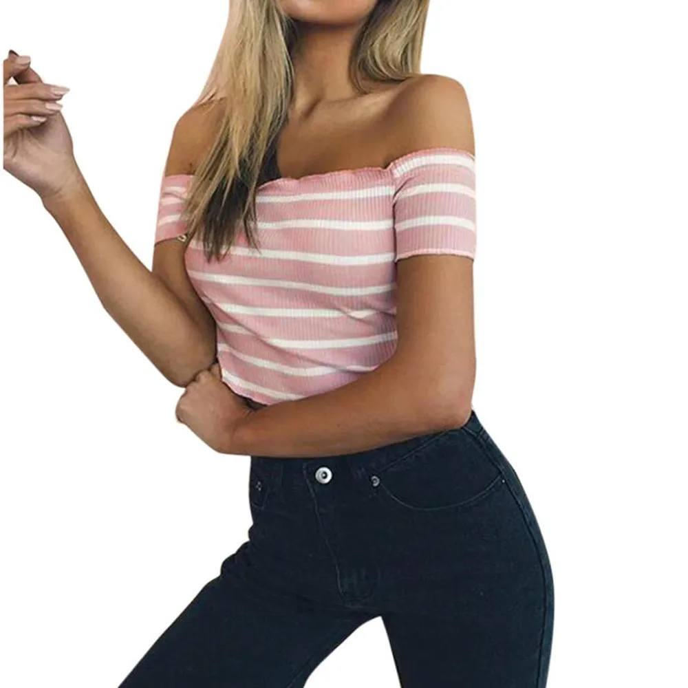 Женский короткий топ в полоску SAGACE элегантный облегающий из полиэстера с