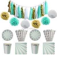 mint silver wedding decor supplies tissue tassel garland paper pom pom flowers striped paper plates straws party cups napkins