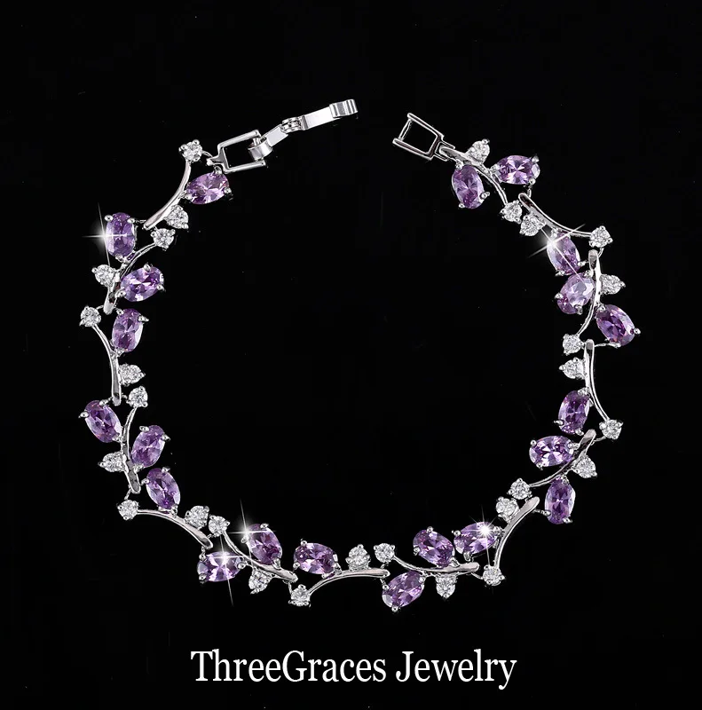 ThreeGraces романтические CZ Ювелирные изделия лист и цветок кубического циркония свадебные браслеты подарок для подружки невесты BR031 - Окраска металла: purple