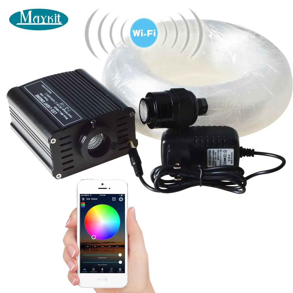 Maykit 16w wifi LED light source RGBW, 0.75mm sparkle side glow fiber 2m long
