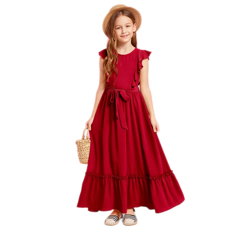 SHEIN Kiddie/Бордовое платье на молнии с рюшами сзади для девочек-подростков; вечерние платья макси для девочек; коллекция года; сезон лето; зеленое платье трапециевидной формы без рукавов для девочек