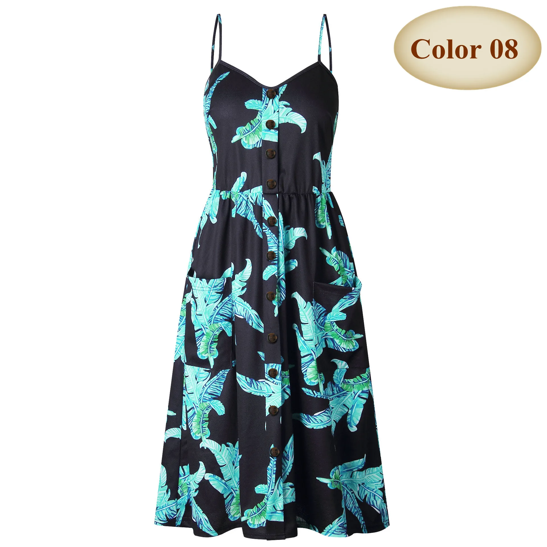 Color 08 New Boho Off-shoulder Party Beach Sundress Spaghetti Long Dresses Plus Size Summer Women Button Decorated Print Dress CRRIFLZ - Цвет: Color 08
