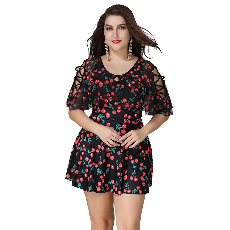 Размера плюс для женщин Цельный купальник вишня шифоновый бикини с низким