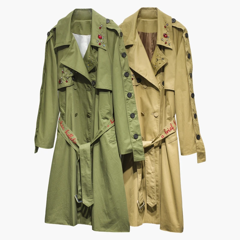 

2018 Spring New Women High Quality Beading Rhinestone Long Trebch Female Sleeve Double-breasted Outwear High Street Long Jacket