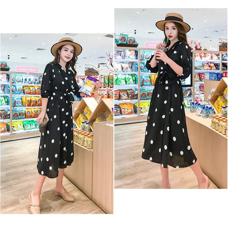 Модные Корея Boho Черный шифон пляжное платье Для женщин лето волна точка печати v-образным вырезом три четверти рукав платья Vestidos