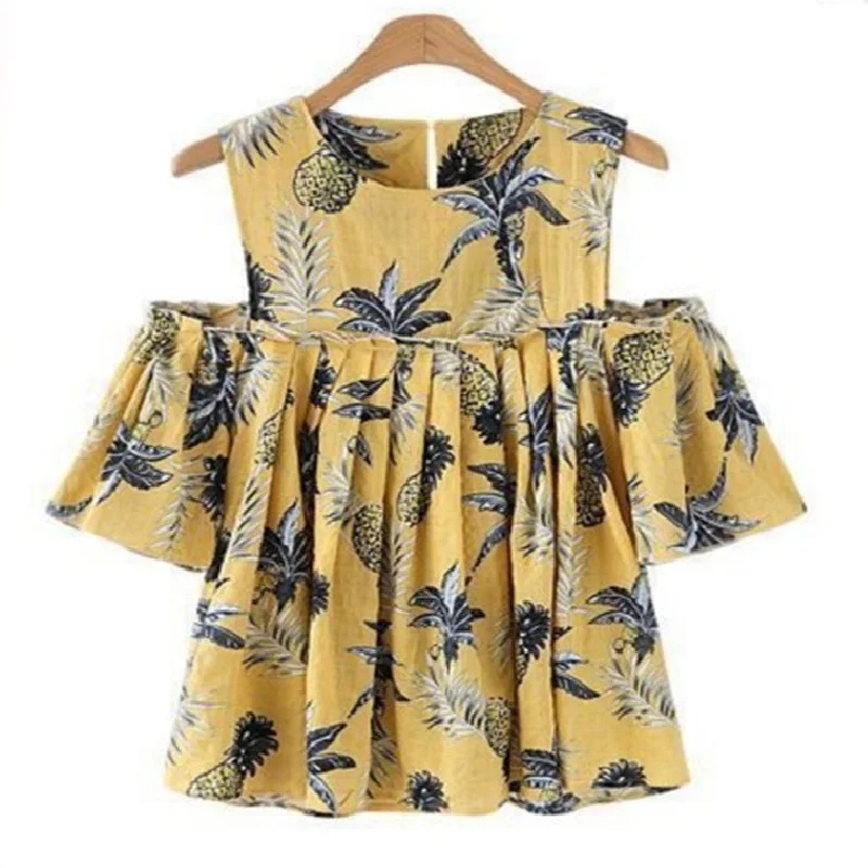 

New Summer Women Shirt Plus Size Fashion Loose O-Neck Dew Shoulder fold Hollow Out Short Sleeve Print Shirt For Women Large Top