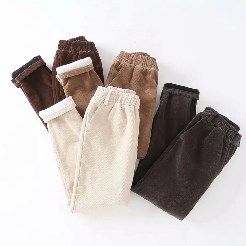 Winter Corduroy Pencil Pants Women Casual Elastic Waist streetwear Pant Solid High Waist trousers Women Loose Ladies Pants