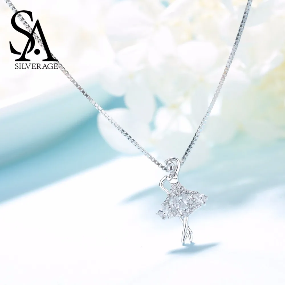 SA SILVERAGE, настоящее 925 пробы, Серебряное колье с балериной/кулоном, AAA, цирконий, для девочек, 925 серебряное ожерелье с кулоном, колье