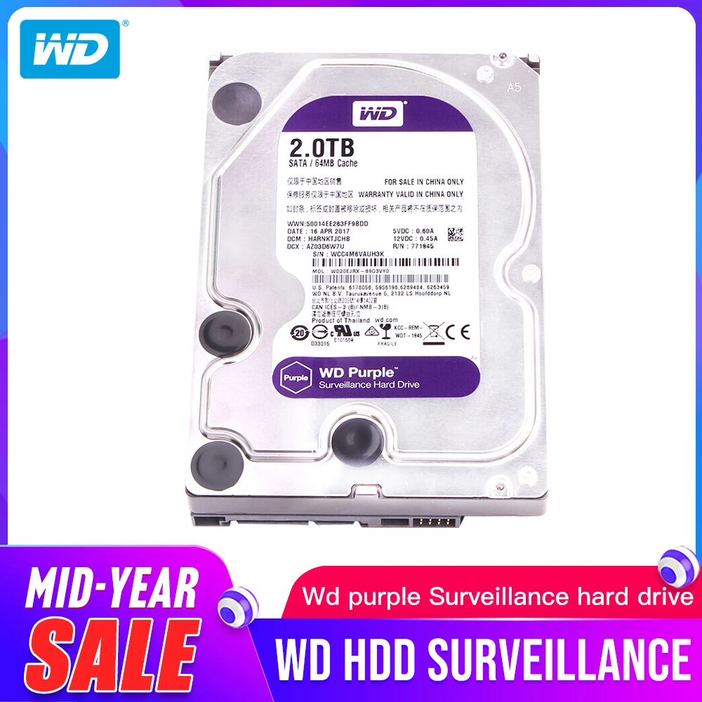 Жесткий диск Western Digital WD Purple HDD для наблюдения 1 ТБ 2 3 4 6 8 10 SATA 0 ГБ/сек. 5 дюйма камера