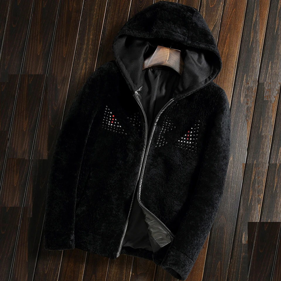 Men's Shearling Jacket Hooded Short Coat Men Black Sheepskin Genuine Leather Parka Luxury Outerwear TJ24 | Мужская одежда