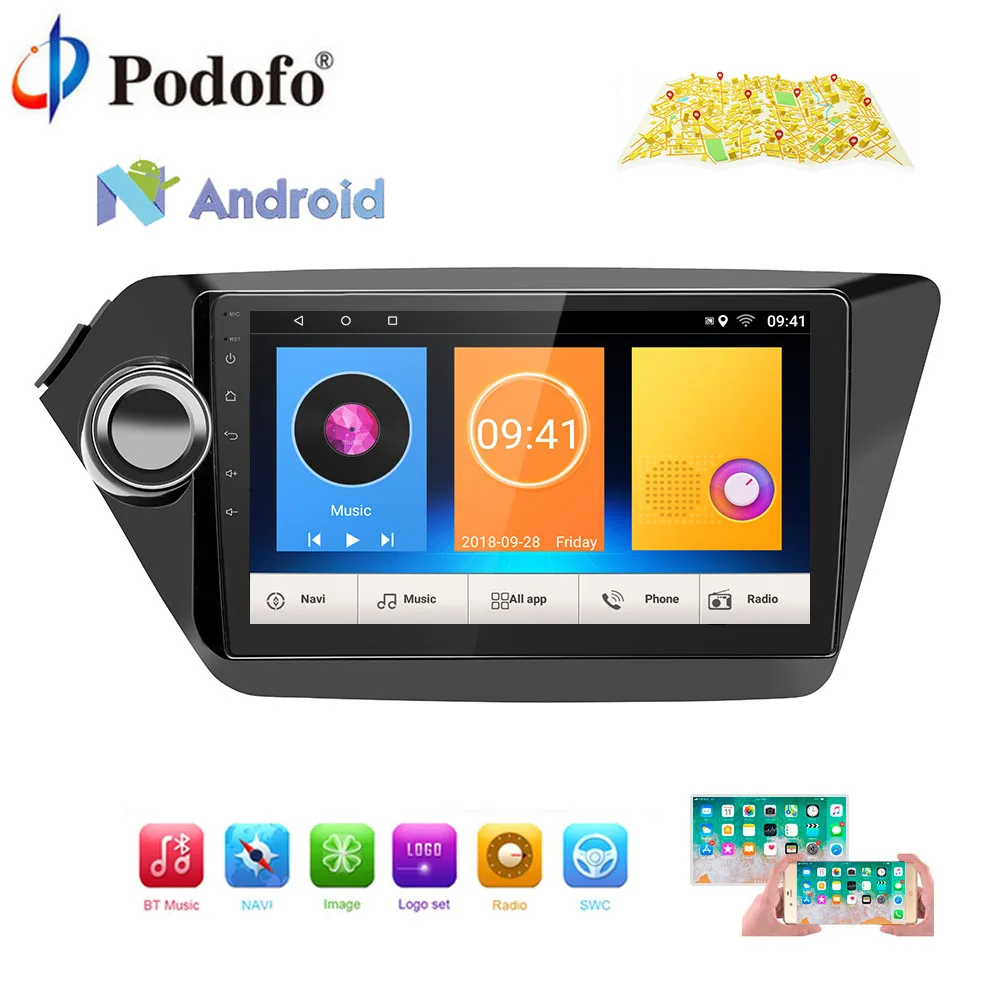 Podofo GPS Navigation Car Radio Android Multimedia Player 2 Din Audio Stereo MP5 WIFI Autoradio No DVD For Kia K2 RIO 2013-2018 |