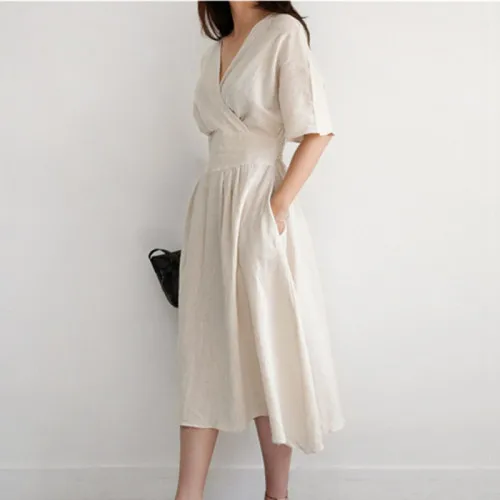 Летняя корейская модная одежда трапециевидной формы, однотонное платье для беременных с v-образным вырезом и короткими рукавами, модные женские платья из хлопка и льна