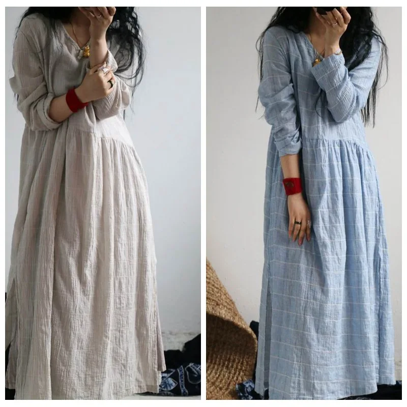 Женское льняное платье с длинным рукавом V образным вырезом|linen dress|sleeve dressdresses retro |
