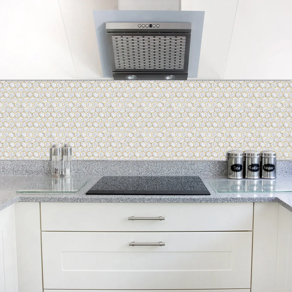 

Funlife Bathroom Kitchen Home Decor Wall Stickers White Hexagon Marble Style Tiles Stickers Living Room Bedroom Wall Stickers