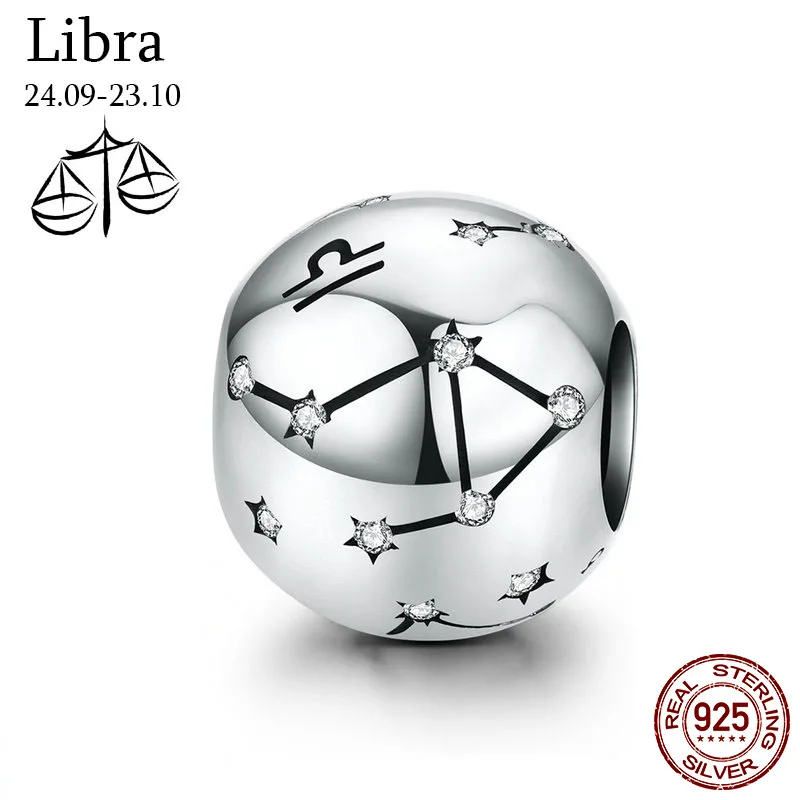 Libra-7 Натуральная 925 пробы серебро 12 созвездия зодиака круглые бусины, подходят к оригиналу Pandora, браслет, ювелирные изделия с бриллиантами - Цвет: Libra-7