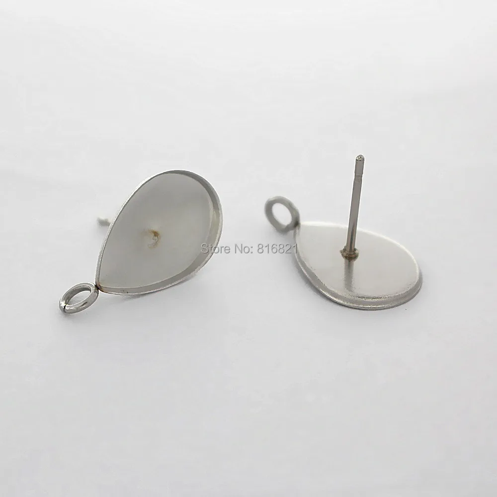 Stainless steel Earrings post Connector Bases Blank 10x14mm Teardrop Bezel with Loop Slide Cabochon stud Findings Stuff | Украшения и