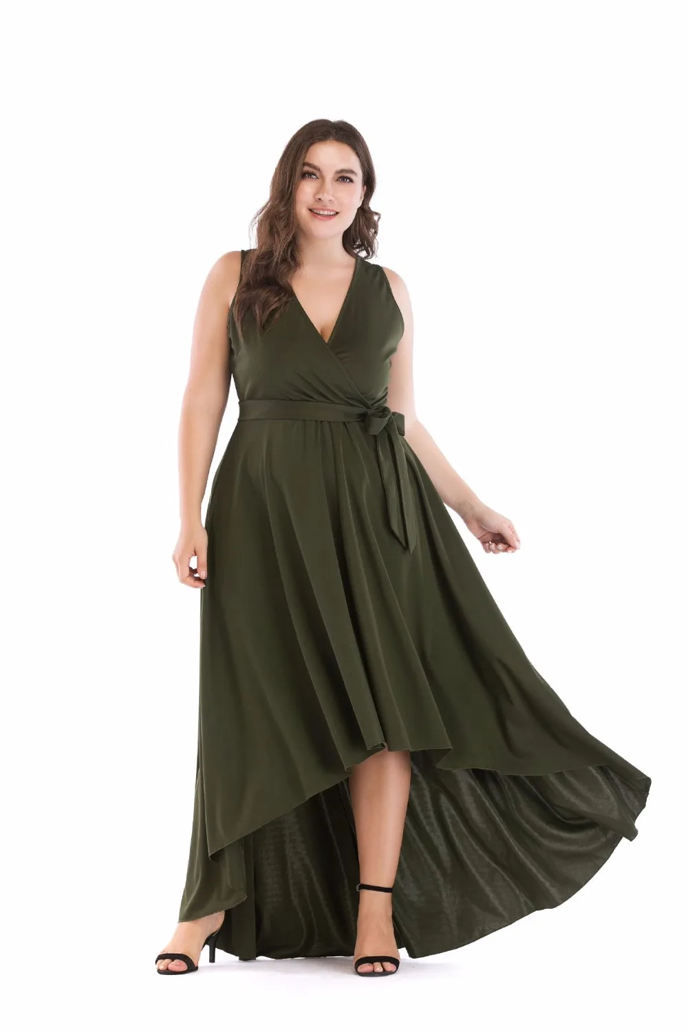 Large Size Party Deep V Neck Sleeveless Maxi Dress Amy Green Lady Evening Swing Asymmetrical Hem High Low Cami 5XL | Женская одежда
