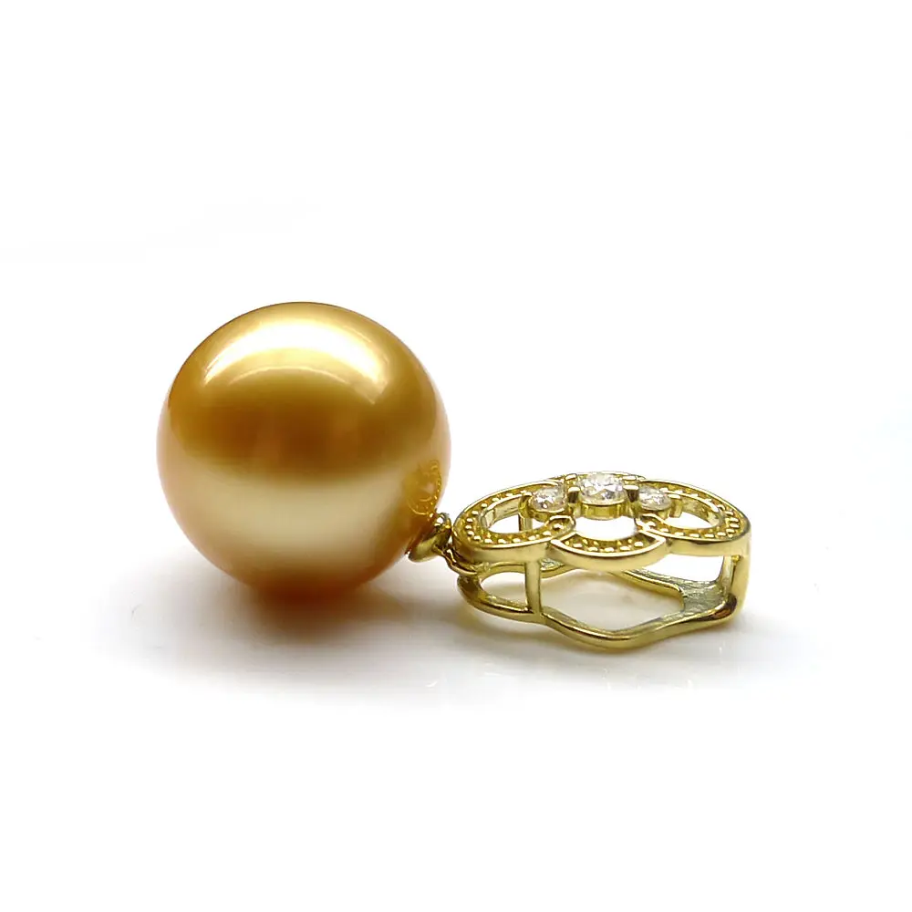 Free Shipping AAA 13.3mm Round Real South Sea Golden Pearl Diamond Pendant 18k Yellow Gold | Украшения и аксессуары
