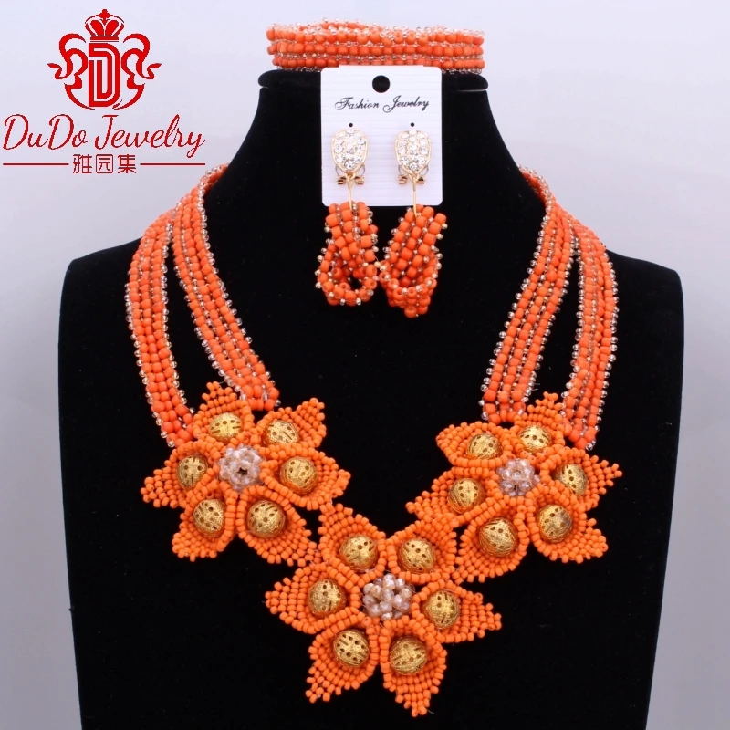Оранжевые и золотые цветы Дубай ювелирные наборы 100% ручной работы Ювелирные