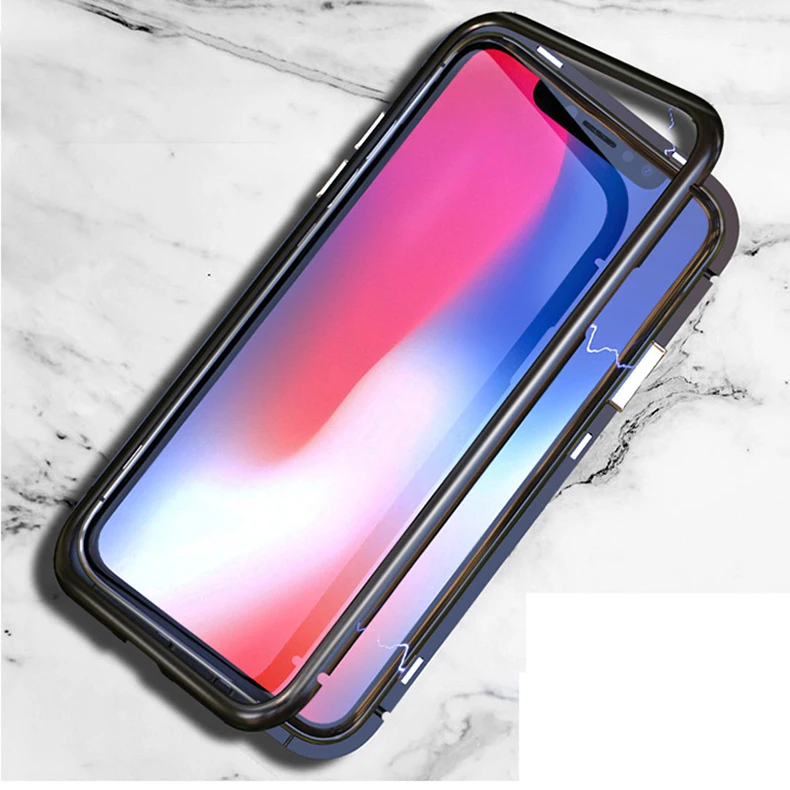 Magnetic Adsorption Case for IPhone X 8 7 Plus Clear Tempered Glass + Built-in Magnet plus Metal Ultra Cover |