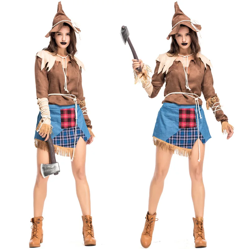 Cosplay The Wizard of Oz Scarecrow Stage Show Performance Costume Carnival Party Halloween Costumes Women Khaki Top&ampDenim Skirt |
