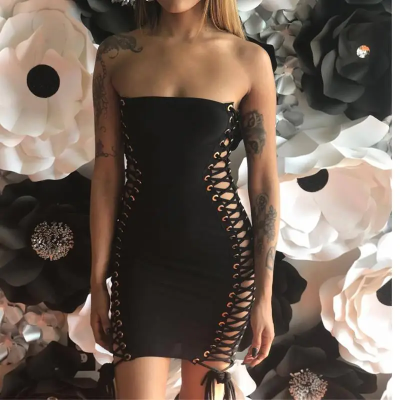 Летние пикантные с открытыми плечами сбоку Criss Cross бинты Для женщин платья Bodycon