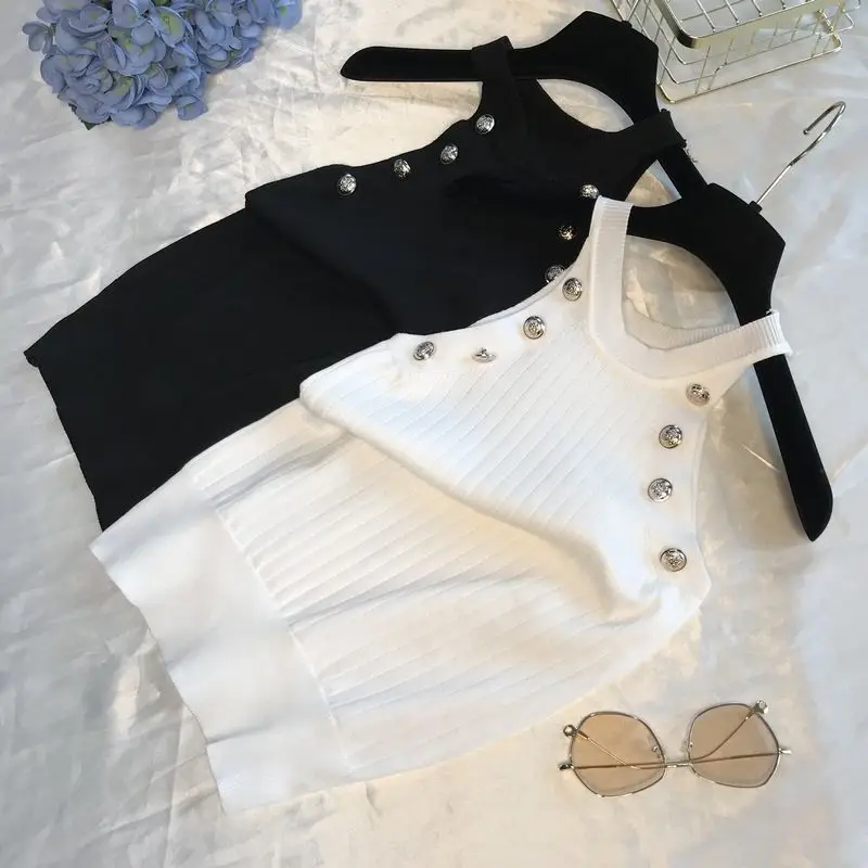 Новинка лета 2019 женский жилет с украшением из Золотой пряжки вязаный базовые