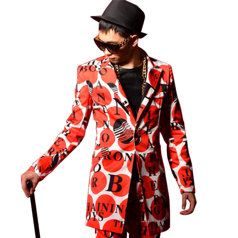 Suit Сценические костюмы на заказ, мужская мода, красная точка, повседневная с буквенным принтом, мужской костюм, пальто, уличная одежда, хип-хоп, приталенный, длинный пиджак - Цвет: Suit