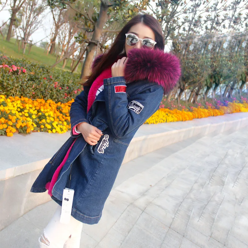 Женская зимняя парка меховая куртка длинное модное джинсовое пальто толстая