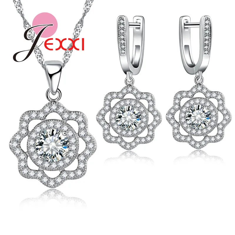

Elegant Flower Design 925 Sterling Silver AAA Zircon Crystal Wedding Bridal Jewellery Set For Women Earrings Necklaces Set