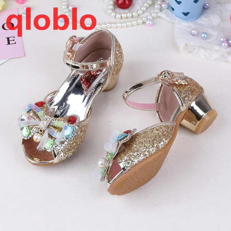 

qloblo summer baby sandals kids dress shoes toddler high heels Bowtie beauty gold girls sandals Blue Pink for childre